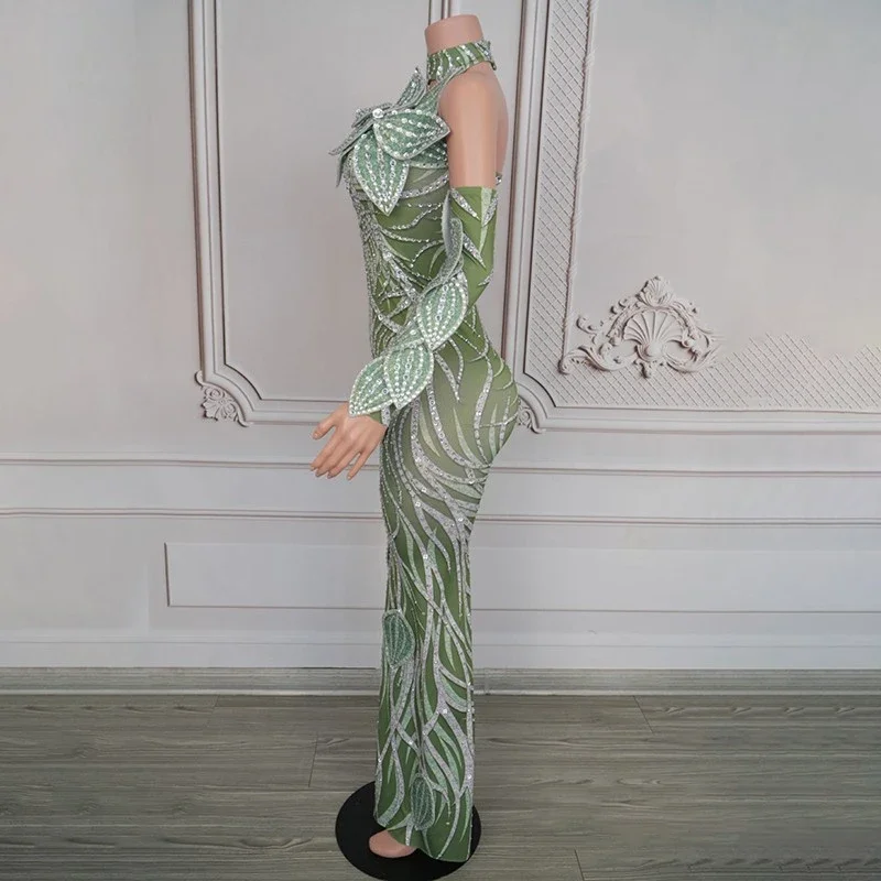 Nightclub Ds Dj Gogo Costume Green Leaf Rhinestones Evening Dress Women Catwalk Festival Outfit Stage Party Dresses
