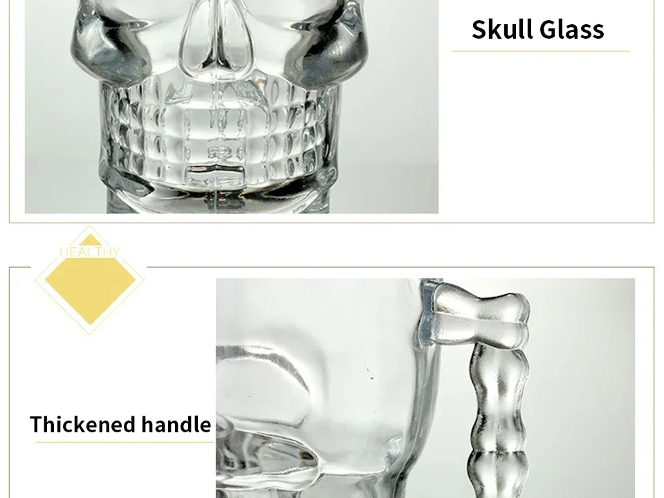 Classical Pirate Partner Beer Cup Crystal Glass Creative Skull Face Bone with Handle Drinking Wine Vodka Essential Bar KTV