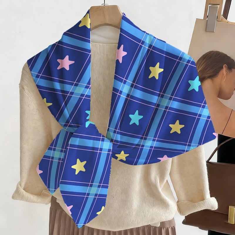 Y2K Blue Plaid Star Print Satin Square Scarf 90cm Large Headscarf for Women Cute Preppy Style Hair Bandana Neck Scarf Daily Wear