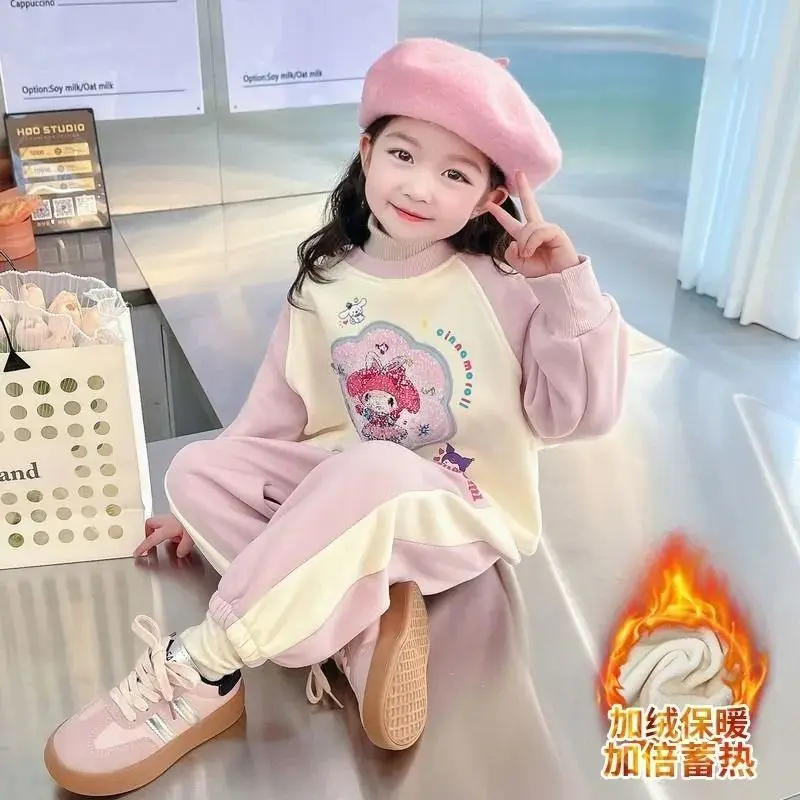 

Kawaii Kuromi Cinnamoroll My Melody Sanrio Students Cute Cartoon Comfortable Sportswear Children Warm Hoodie Trousers for Kids