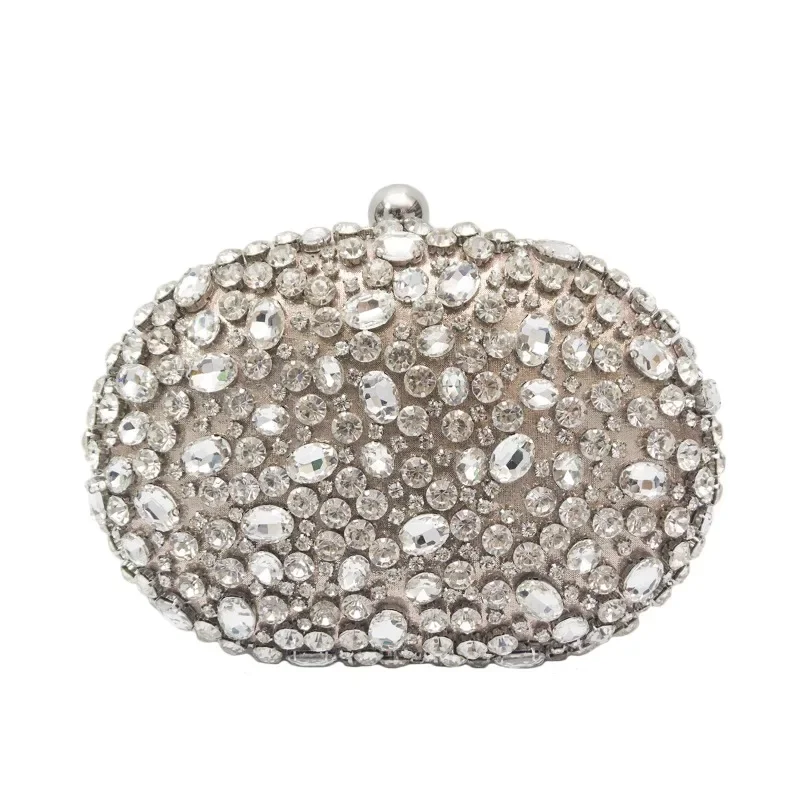 Champange Wedding Bags Ladies Elegant Round Glass Stone Evening Purse One Side Beading Clutches with Long Chain Hand Bags