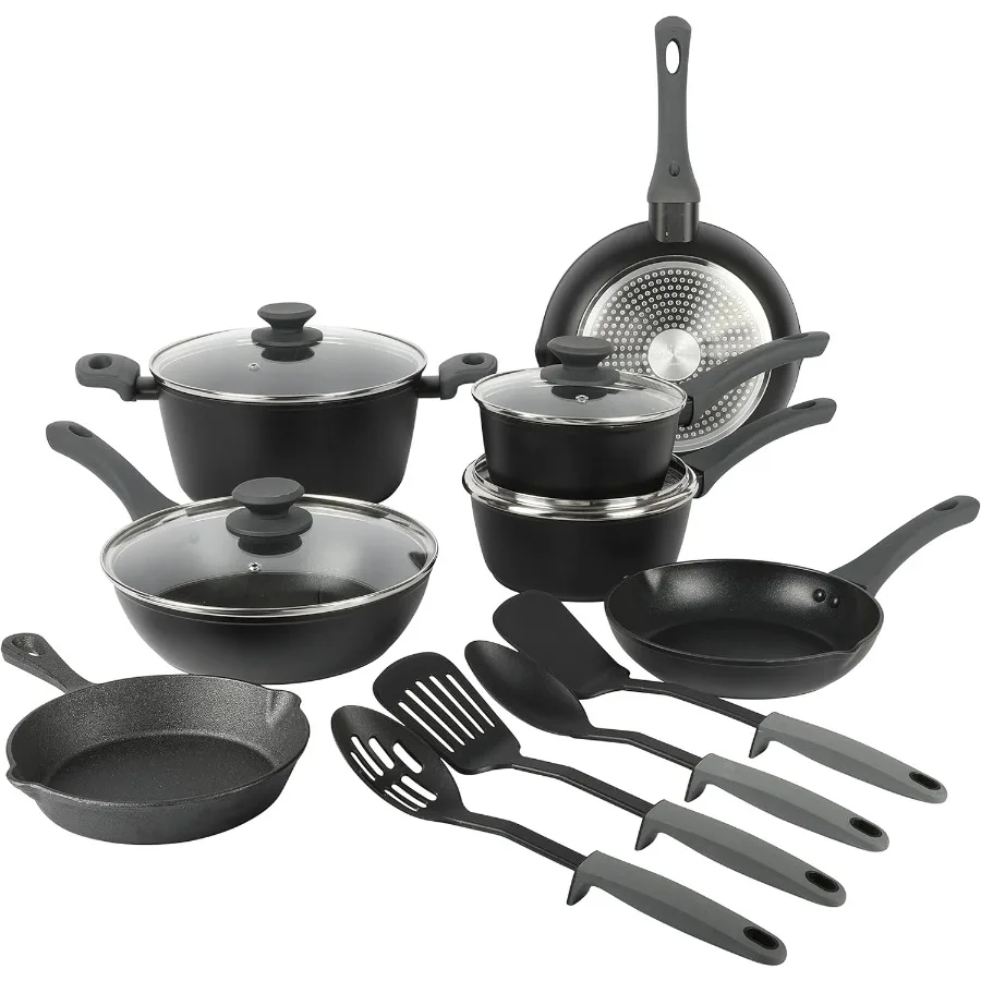 

Nonstick Forged Aluminum Induction Pots and Pans Cookware Set W Cast Iron Skillet 15Piece Set Black