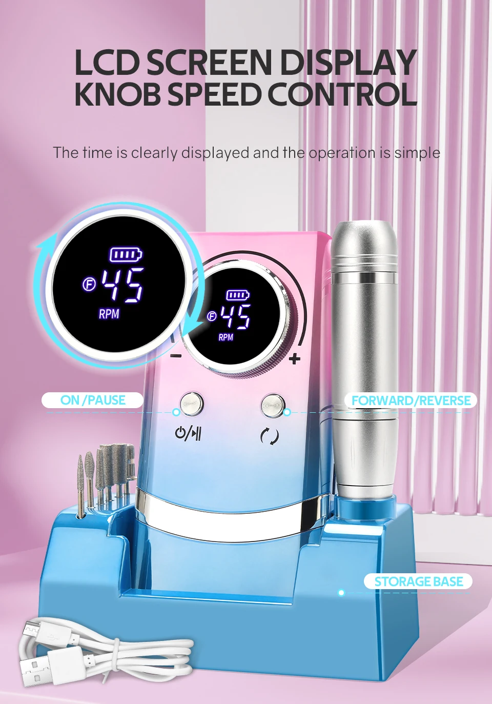 Nieuwe 45000 RPM professionele oplaadbare nagelboormachine met LCD-scherm Geluidsarme professionele nagellakschuurmachine