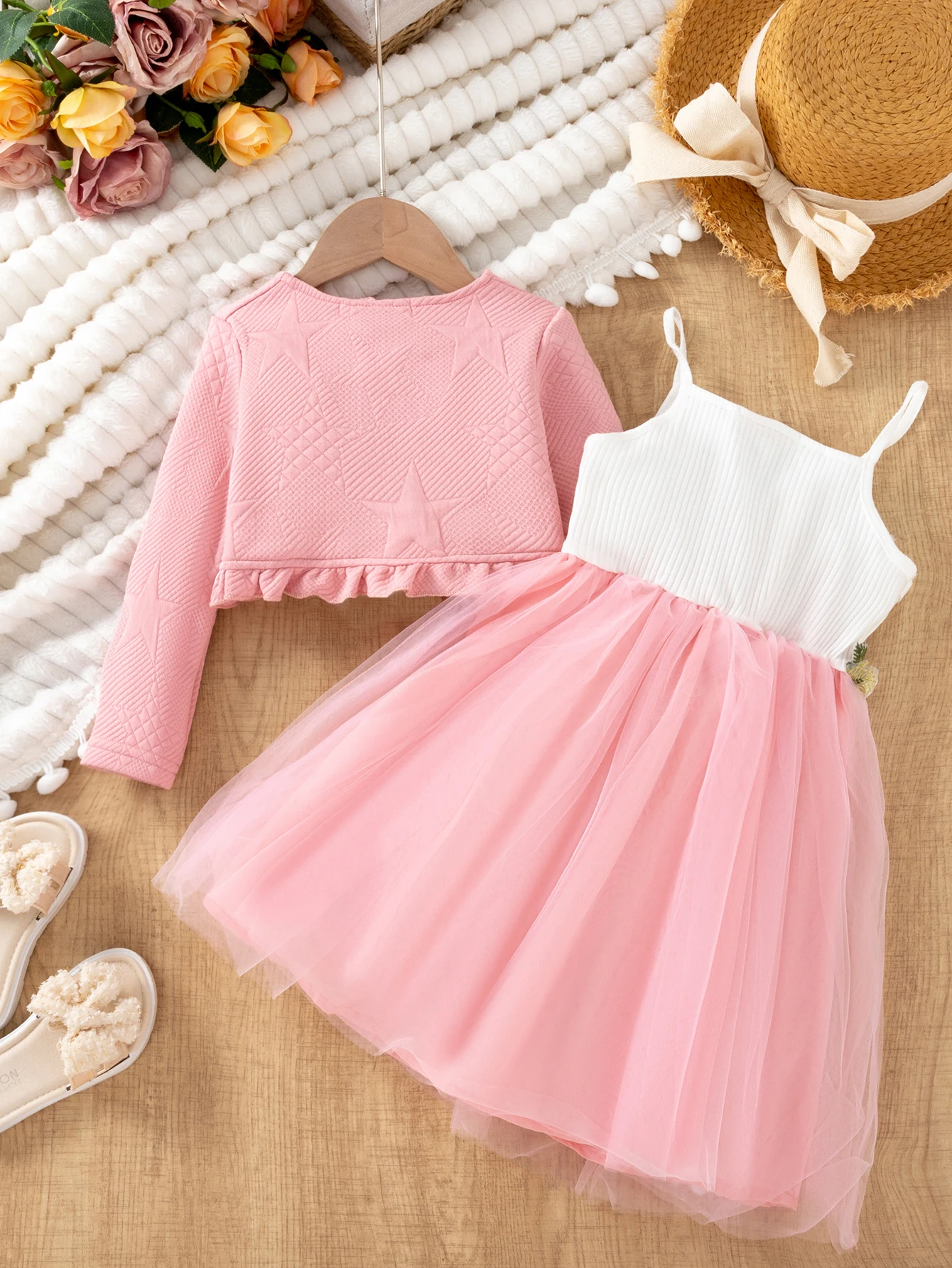 Autumn new waist flower suspender mesh dress+lace long sleeved jacket