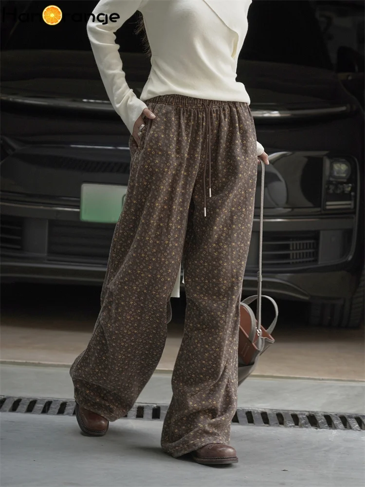 HanOrange 2025 Pantaloni autunnali bohémien retrò floreali con coulisse elastica Pantaloni da donna a vita alta con sensazione di caduta