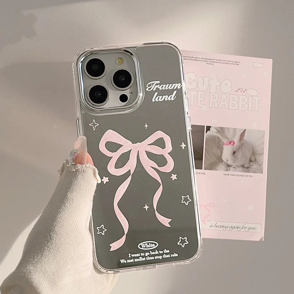 Simplicity Pink Bowknot Star Mirror Film Shockproof Protective Phone Cover Case For iPhone 16 15 14 13 12 11 Pro Max Plus