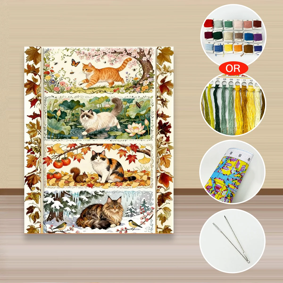 1 Stück 40x50cm/15,7x19,69 Zoll, 11Ct/14Ct Kreuzstich-Set, DIY Valentinstagsgeschenk, Stickerei-Set für Festivals, Vier Jahreszeiten Katzen – Detail 2