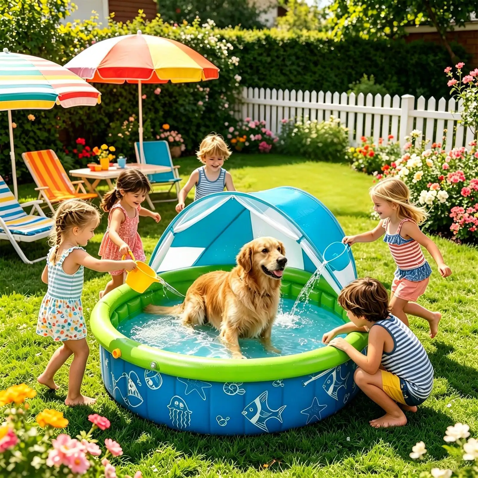 Kids Summer Home Outdoor Swimming Pool Spacious Space-Saving Sun Protection Kids Pool Quick Setup Portable Shade Pool for Yard