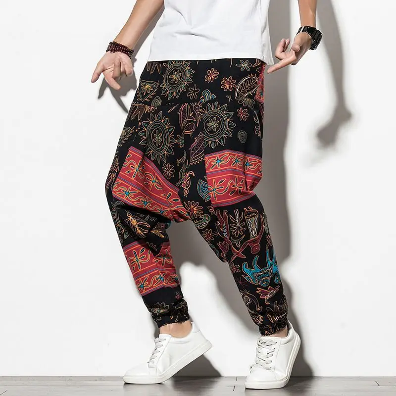 100% Linen Bloomer Men Pants Vintage Ethnic Print Big Drop Crotch Pants Harem Cross Trousers Chinese Styles Hip Hop Hippie Pants