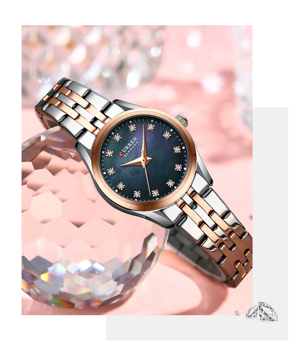 CURREN Damenuhr mit zweifarbigem Edelstahlarmband, 28-mm-Zifferblatt mit Strassmarkierungen, schimmerndes Muschelzifferblatt, elegante Idee – Detail 17