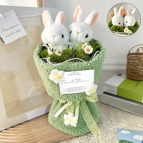 토끼 인형 봉제 꽃 꽃다발 졸업 크로 셰 뜨개질 꽃 꽃다발 어머니의 날 생일 선물 여자 친구를위한 발렌타인 데이 선물