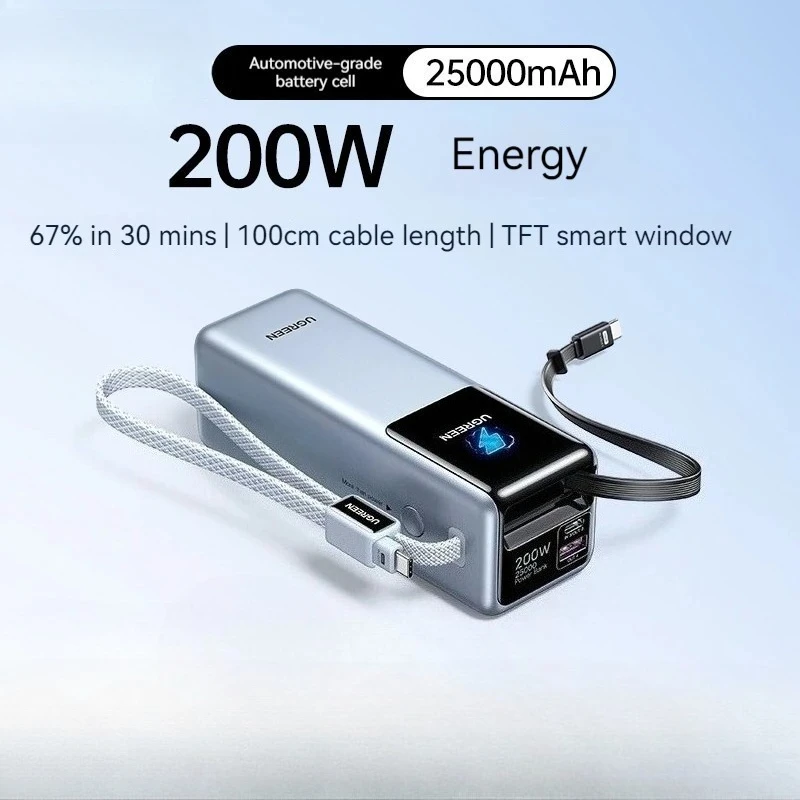 2026 Ugreen PB728 200W 25000MAH Portable Power Bank With Screen And 65cm Data cable Cell Phone Power Bank 3C Certification Gift