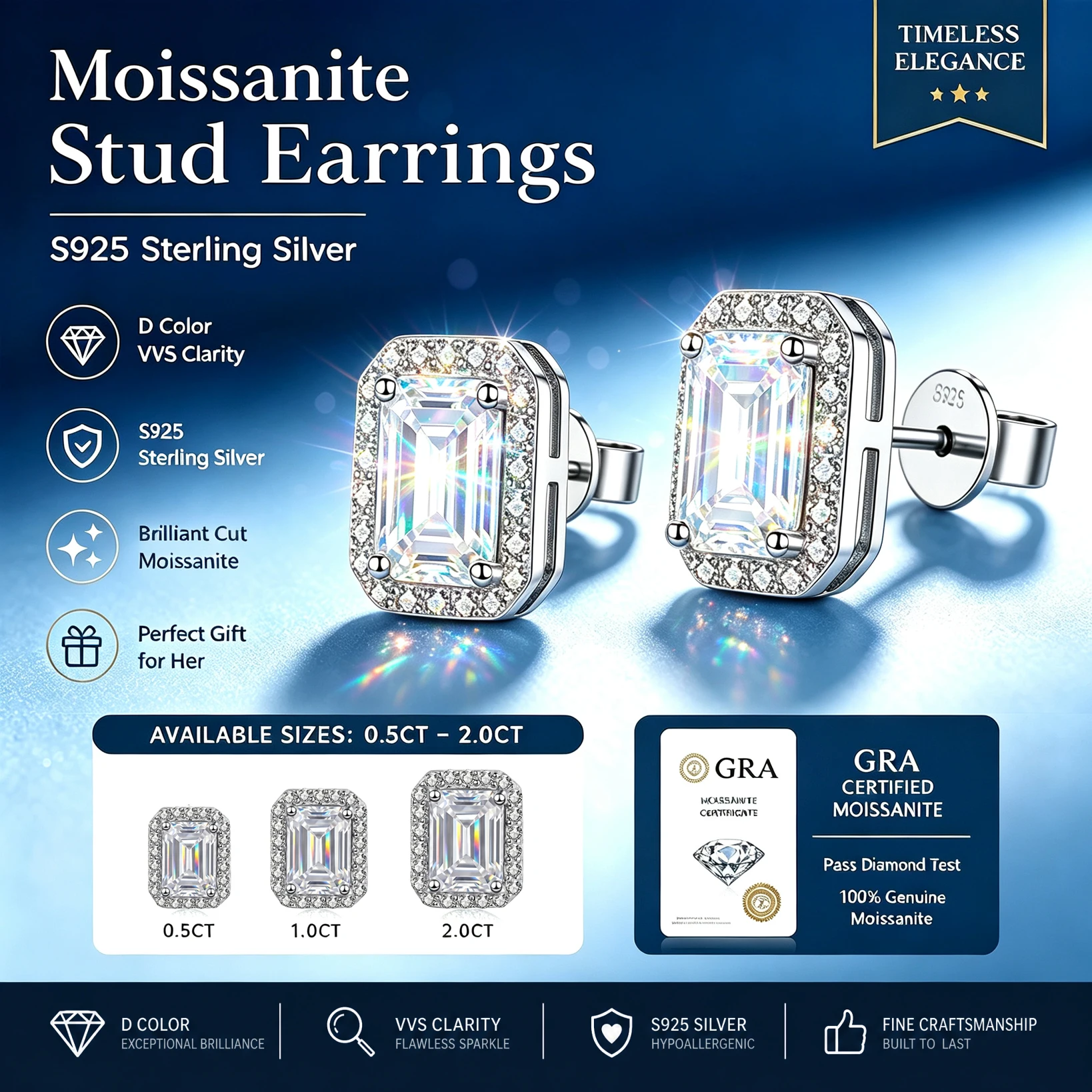 0.5-2ct D Color VVS1 Emerald Cut Moissanite Stud Earrings S925 Silver Halo Setting Earrings GRA Certificate Fine Jewelry for Her