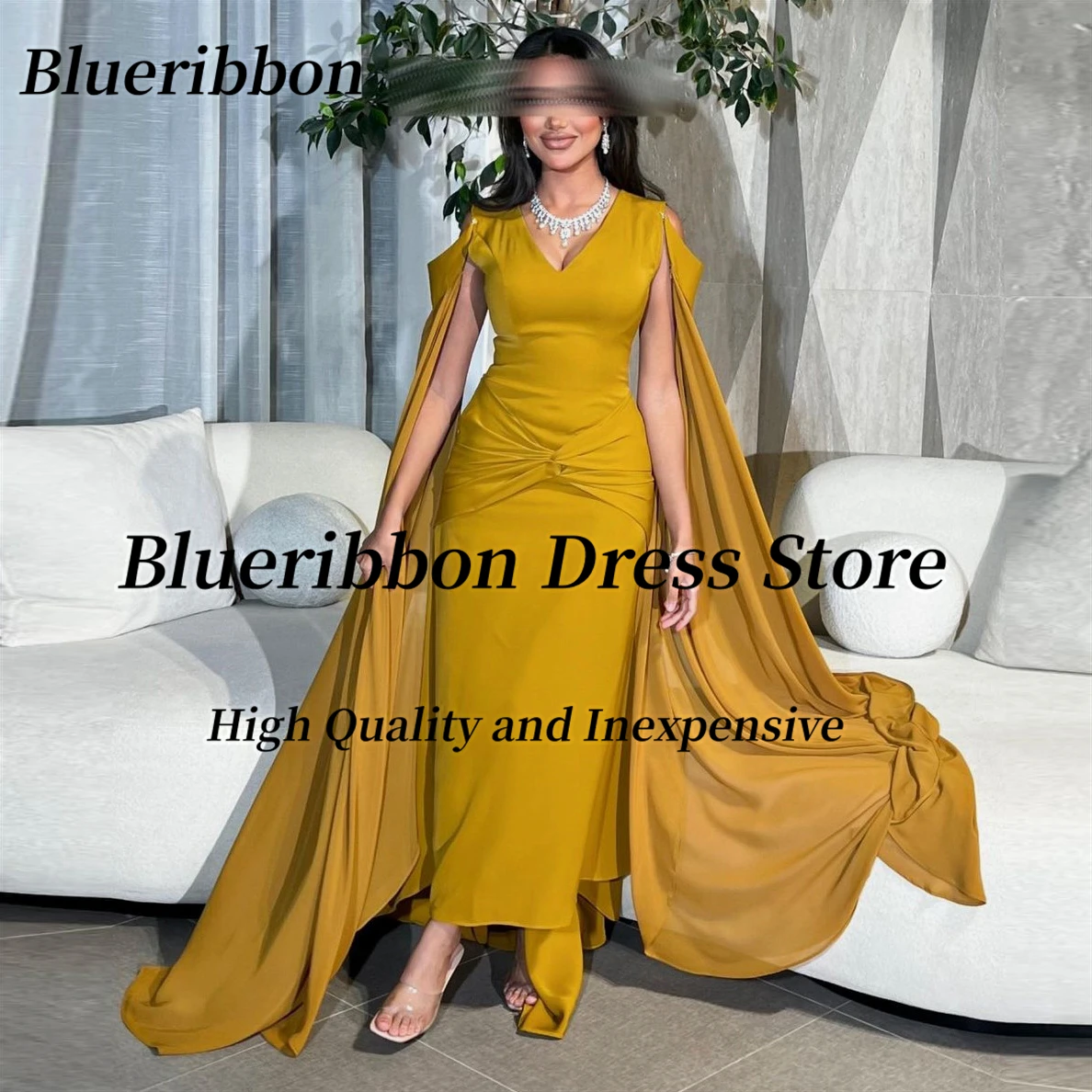 

Blueribbon Vestidos De Party Evening Dresses V Neck Flutter Sleeves Wedding Guests Dress Ruched Long Prom Formal Gowns