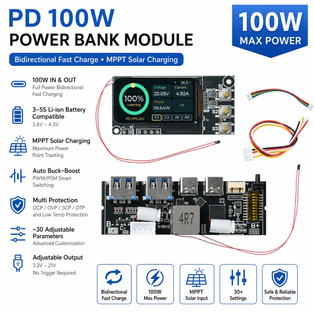 PD 100W Power Bank Module, 3-5S Bidirectional Super-Fast Charging, 1.47-Inch TFT Color Screen, Compatible with MPPT Solar Panels