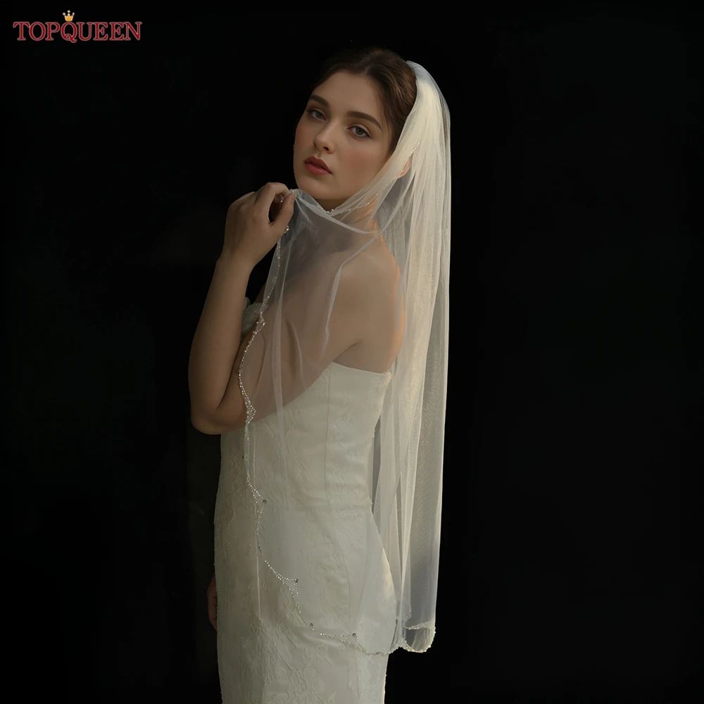 TOPQUEEN Bridal Elegant Rhinestone Veils With Crystal Edge 100% Hand-Beaded Veil Short Veil Ivory Wedding Accessory V249