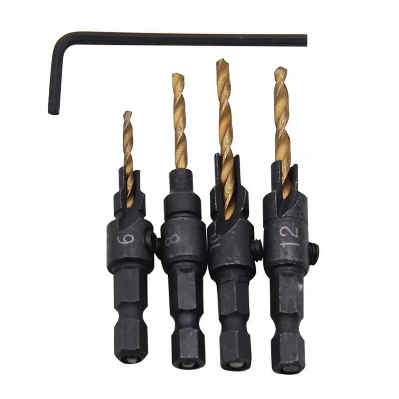 Woodworking Hole Opener 4-piece Set Titanium-plated Hexagonal Handle Hardware Tool Countersunk Drill Bit Drilling And Reaming