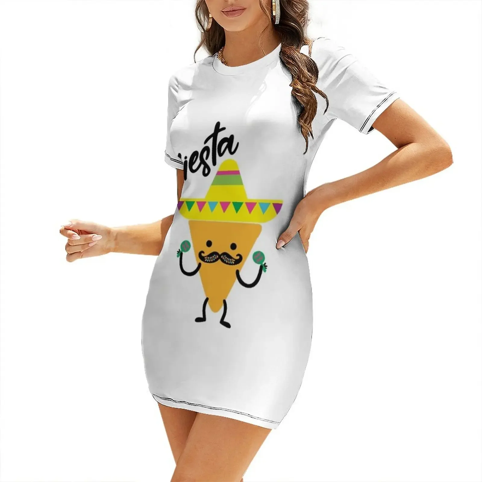 

mexican fiesta, tortilla, nachos Short-Sleeved Dress Woman clothing Woman dresses Female clothing
