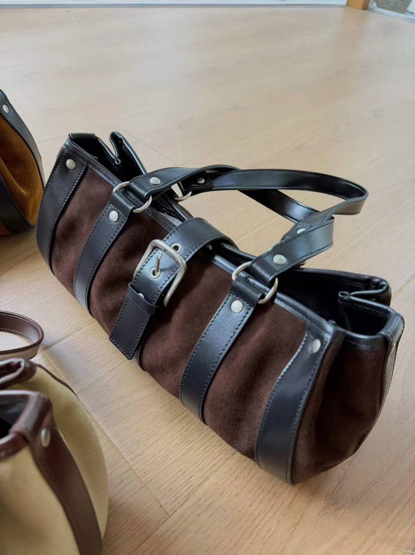 FIRMRANCH 2026 Autumn New Suede Patchwork Cowhide Contrast Color Striped Design Retro motorcycle Bag Women's Shoulder Purse