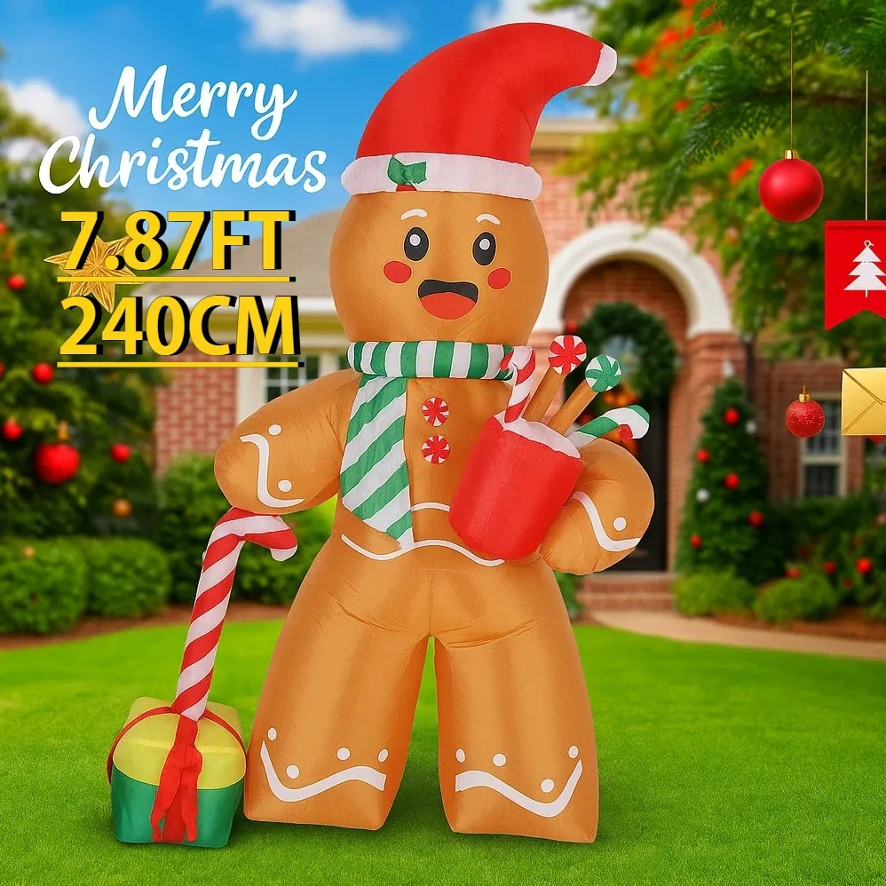 7.87FT LED Light Xmas Inflatable Gingerbread Man Toys Party Decor Home Ornaments Supplies Christmas Yard Lawn Holiday Gifts