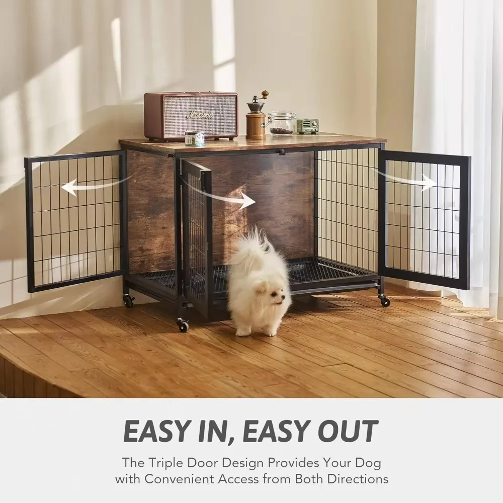 37 Inch Dog Cage with Wheels, 110 lb Pet Puppy Indoor Wooden Kennel, Heavy Duty Pet Cage for Medium to Large Dogs