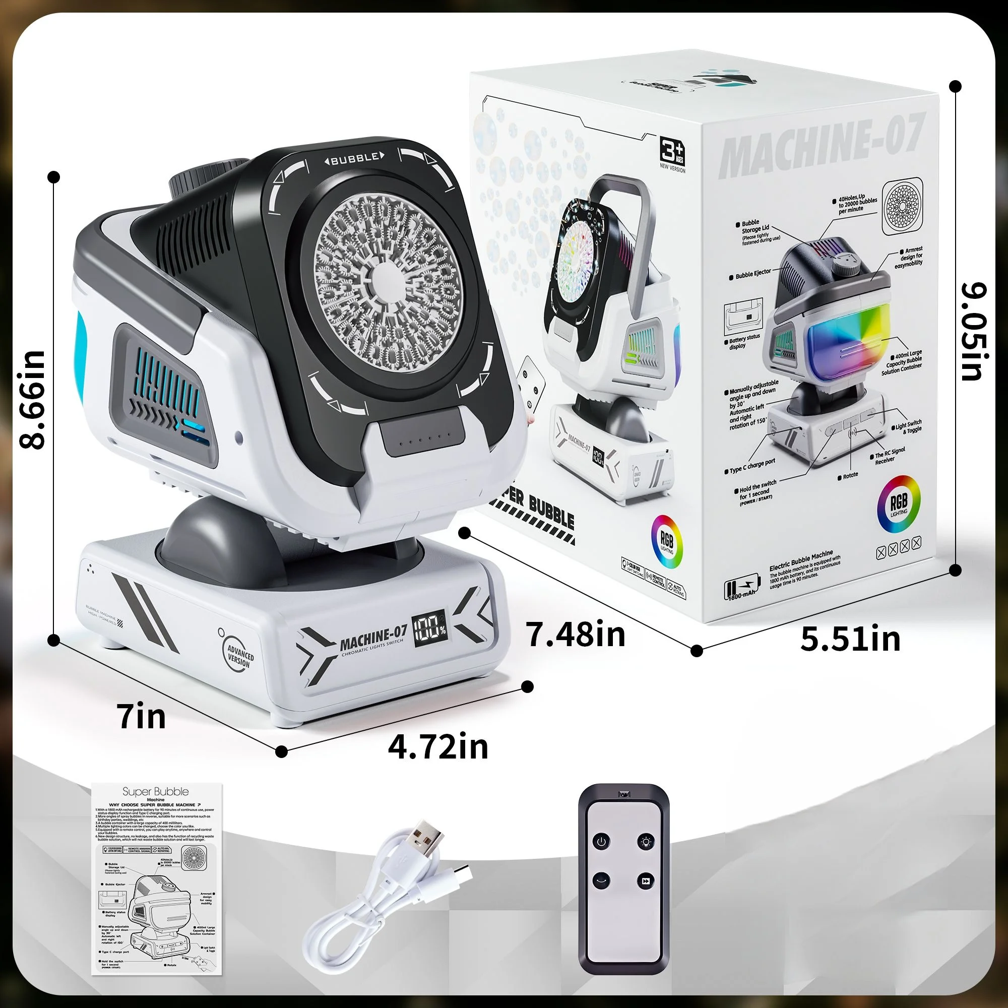 BELEMAR Upgraded Bubble Machine with Remote Control, Automatic Rotation & RGB Lights, 1800mAh Rechargeable Battery, Type-C Charge, Bubble Maker for Kids, Weddings, Birthday Parties, Outdoor Activities