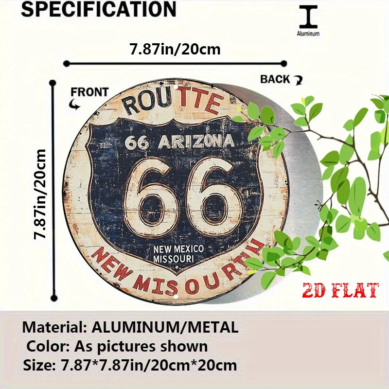 قطعة واحدة من لوحات فنية جدارية معدنية على الطريق العتيق 66 - لافتة ألومنيوم مستديرة مع قاعدة سوداء وتصميم درع أبيض، مظهر ريفي متماثل في الداخل
