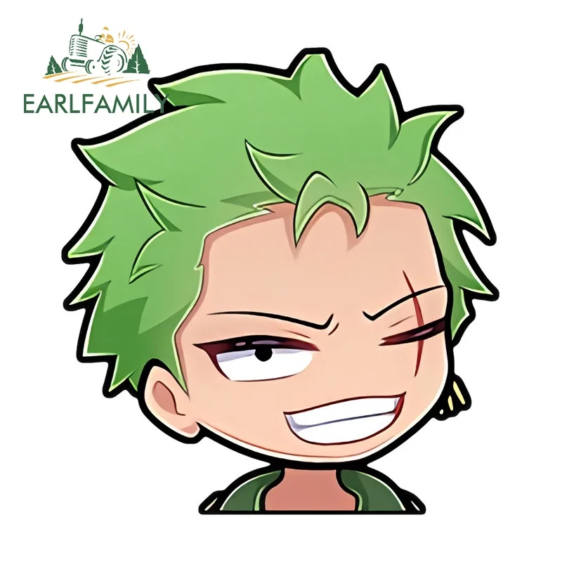 EARLFAMILY 13cm x 11.8cm Cute Zoro Head Car Sticker Skateboard DIY Cartoon Vinyl Waterproof Decal Auto Fashion Caravan Decor