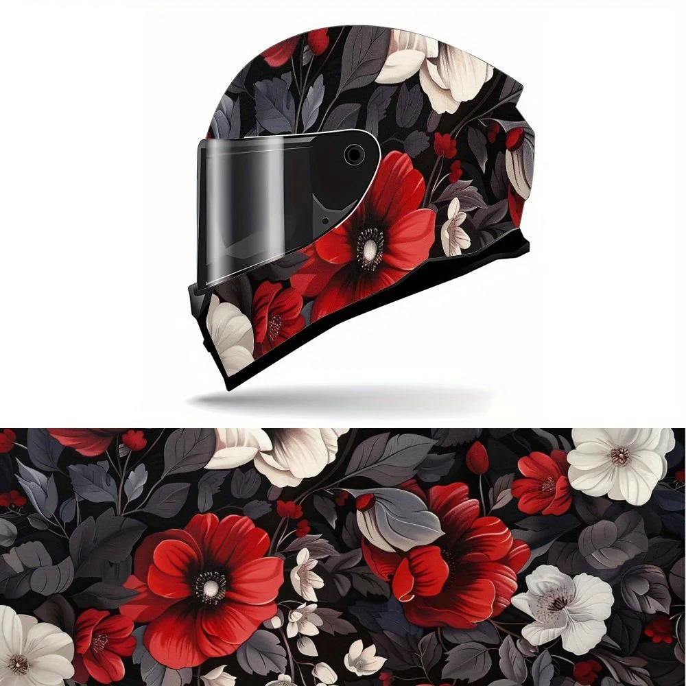 

Red and White Flower PVC Motorcycle Helmet Vinyl Wrap, Self-Adhesive Waterproof Sticker, Anti-Scratch Decorative Film for Full F