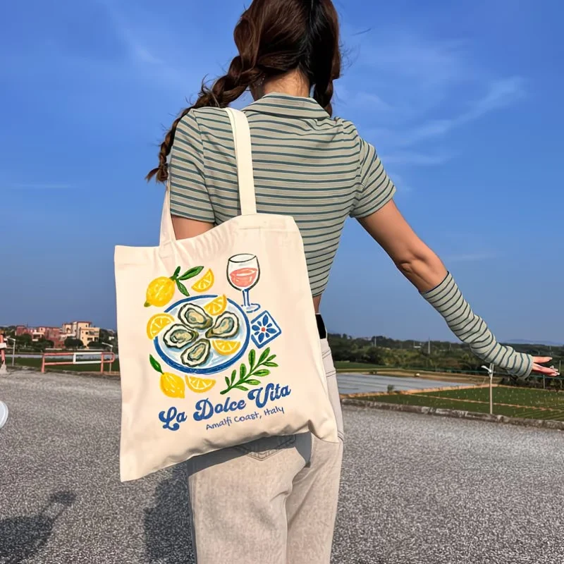 

La Dolce Vita Amalfi Coast Canvas Tote Bag Oysters Lemons and Wine Print Italian Inspired Reusable Bag