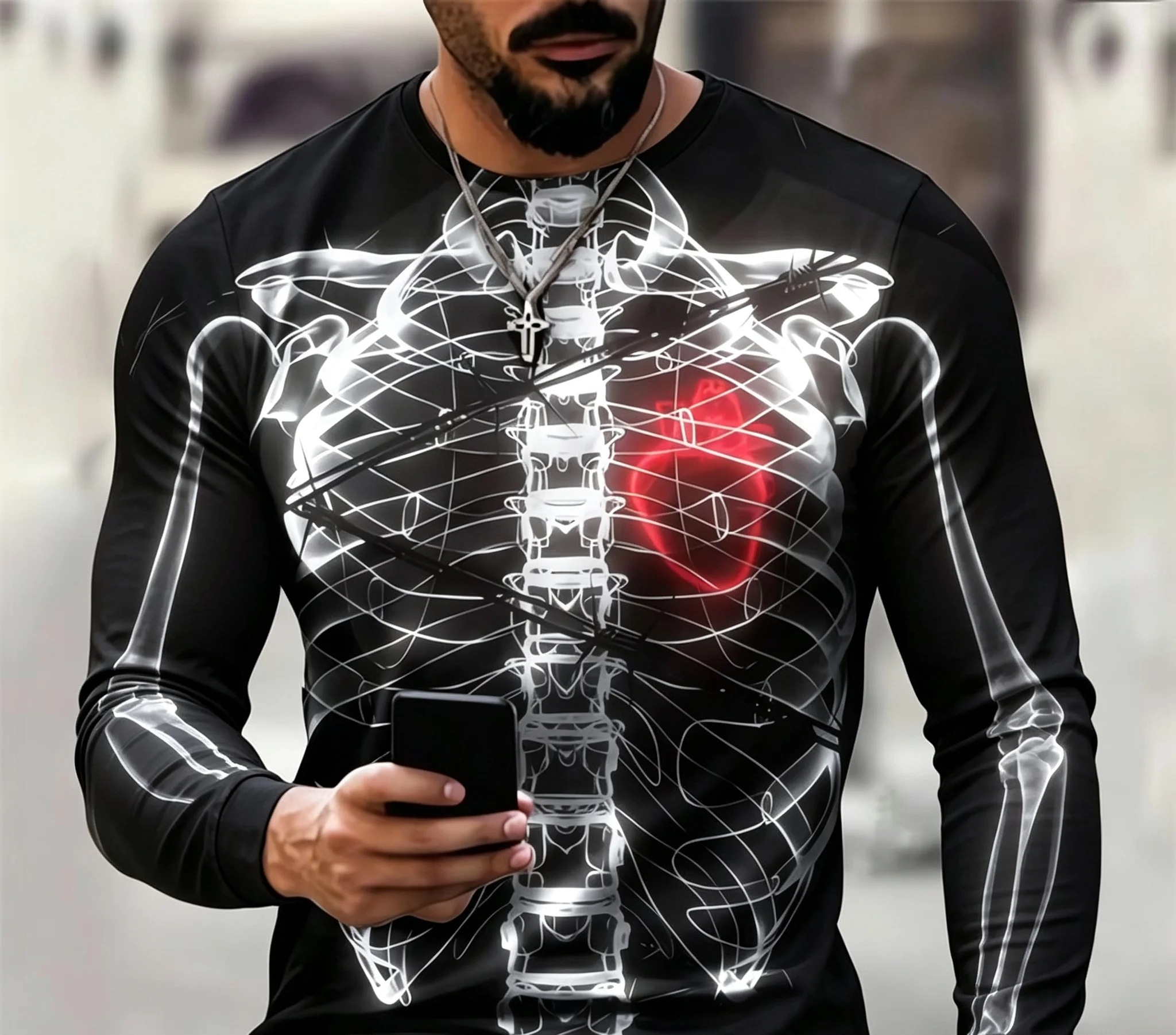 Men's Skeleton Ribcage 3D Print Crew Neck Long Sleeve T-Shirt, Gothic Skull Graphic Casual Streetwear Long Sleeve Tops