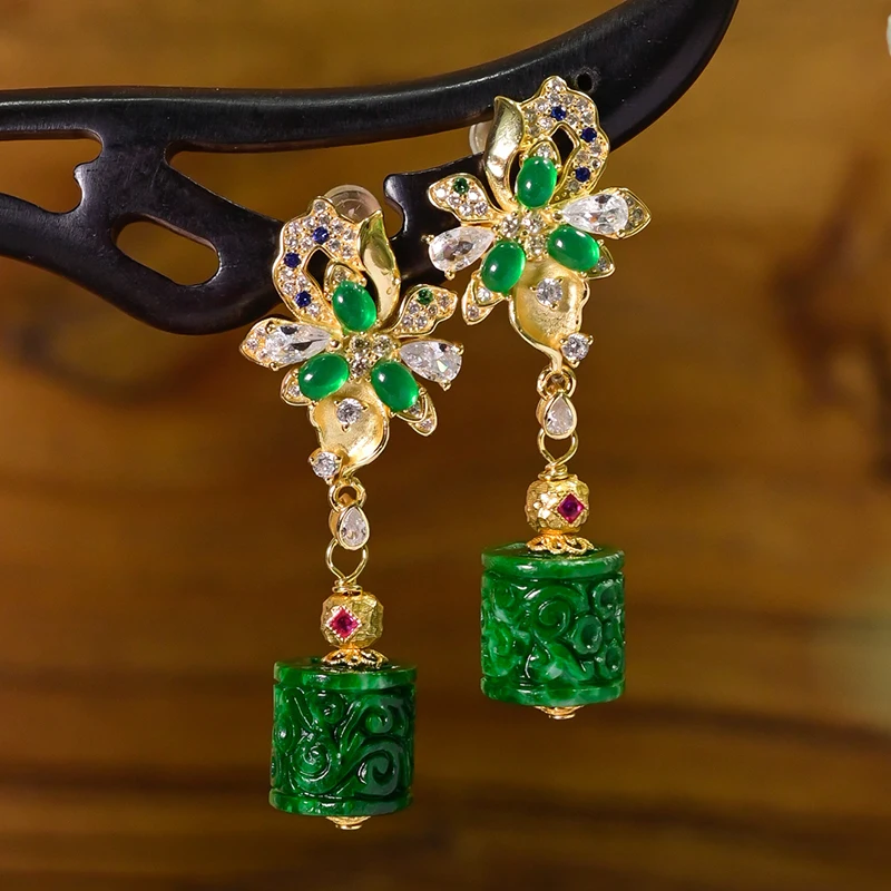

A Grade Jadeite Earrings Carved, 925 Sterling Silver Gold Plated Intense Green Jewelry
