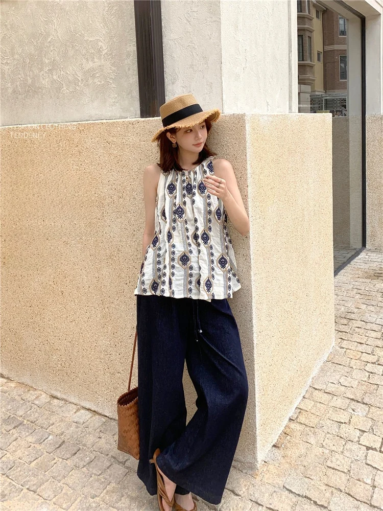 

Faionable Cheese Embroidered Vest Loose Printed Svel Top for Women Spring Summer Vintage Sle Commute Wind Plant Floral