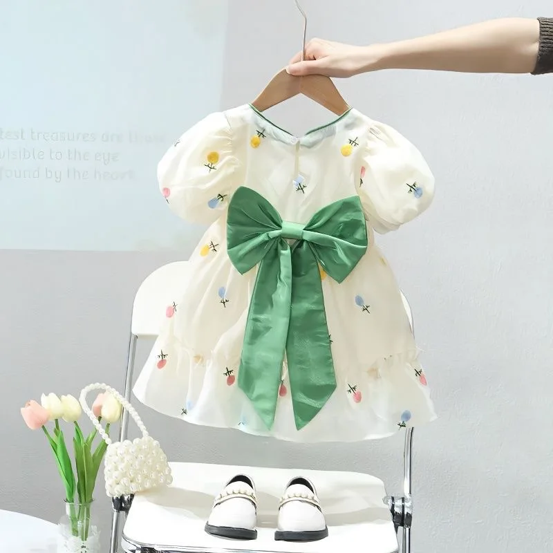 

Children's Summer bow Color Bouquet Embroidered Puff Sleeves Girls' Cute and Elegant Princess Dress