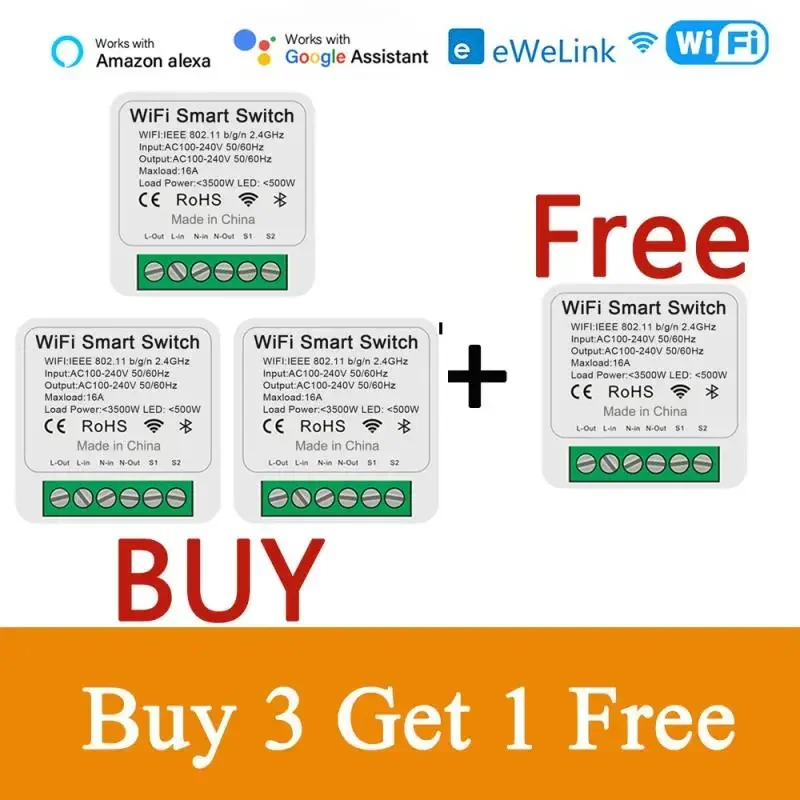 eWeLink Wifi Mini Smart Switch 16A DIY Light Switches Module 2-way Control Timer Wireless Breaker Control Via Alexa Google Home