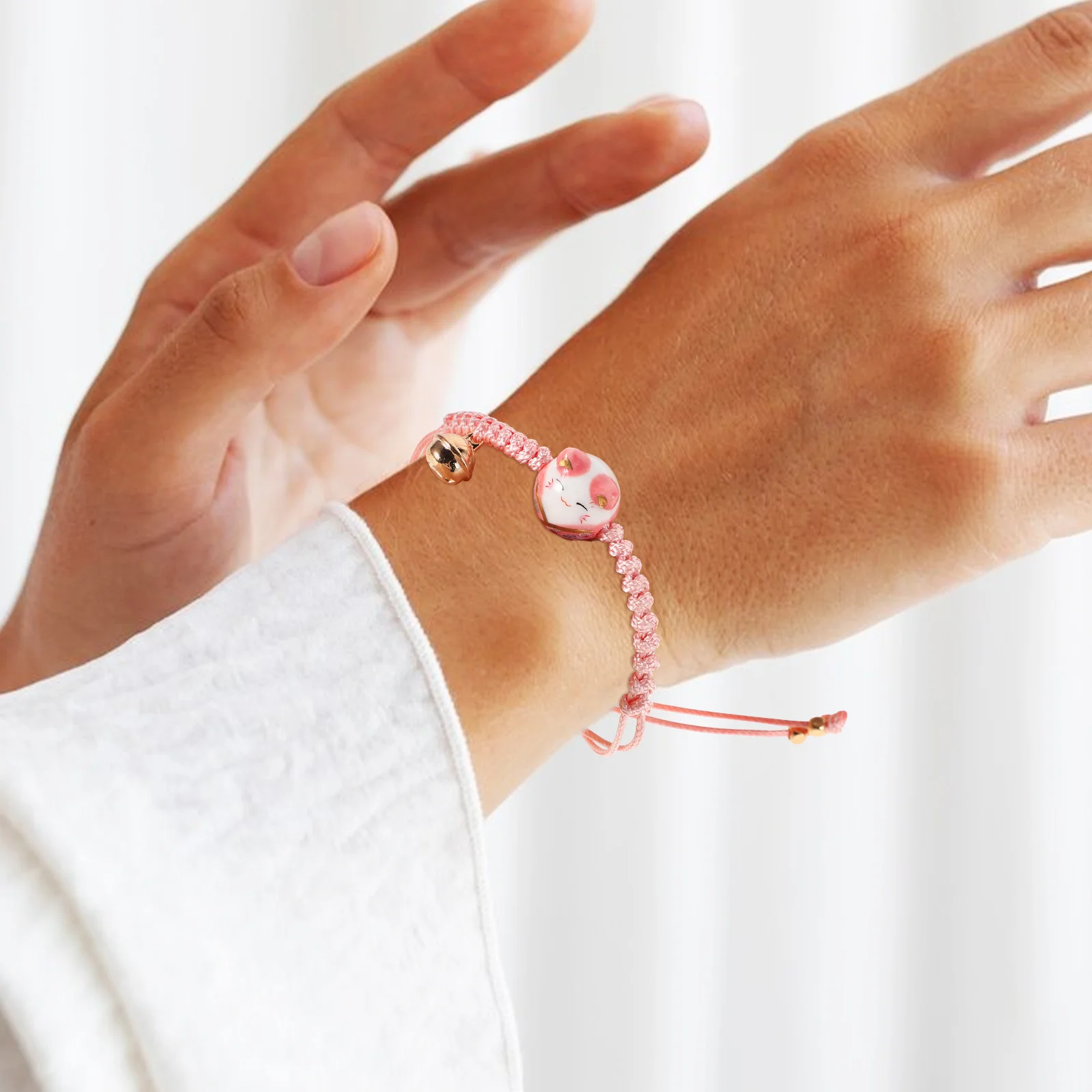 

4Pcs Lucky Cat Maneki Neko Bracelet Ceramic Beads Braided Rope Adjustable Wristband Handmade Charm Jewelry Cat Bracelets