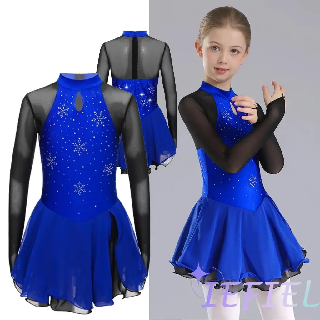 

Girls Figure Ice Skating Stage Performance Dancing Dress Mesh Splice Long Sleeve Ballet Tutu Skirt Rhythmic Gymnastics Costume