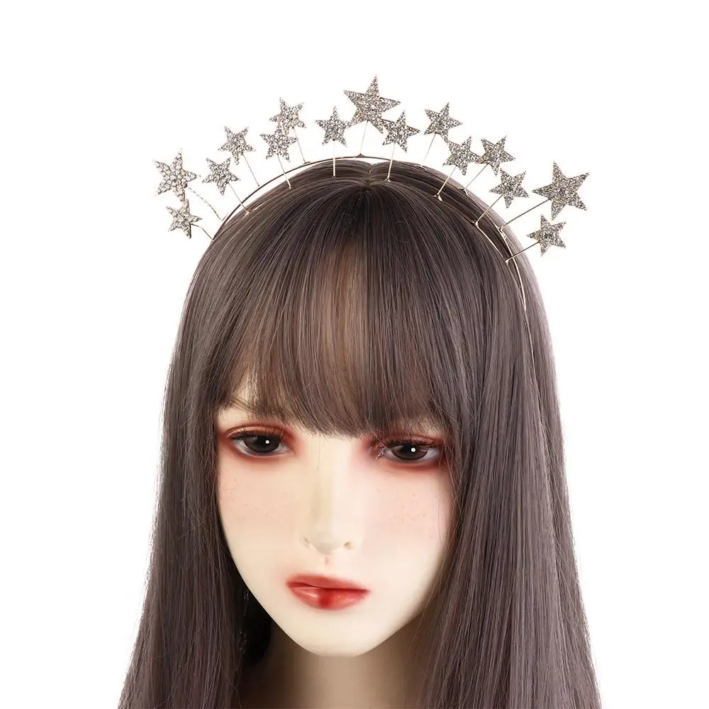

Trendy Metal Star Hair Hoop Silver Princess Glory Crown Rhinestone Headwear Baroque Hairbands Headpieces