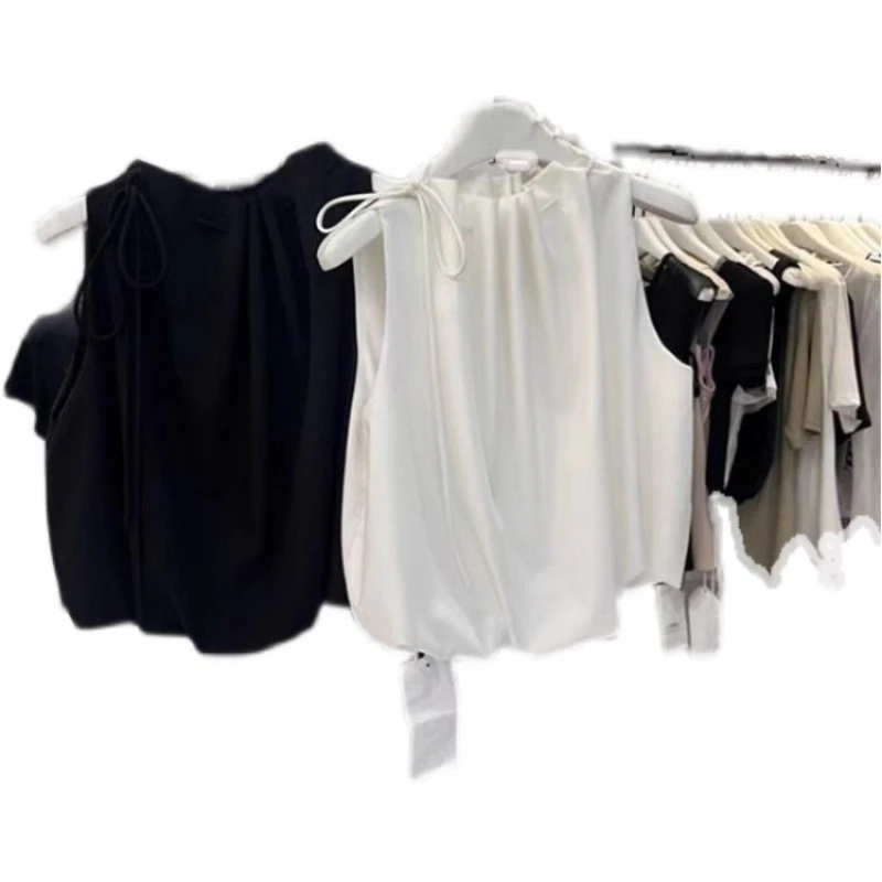 2024 Camisas De Mujer Temperament Women Shirt Solid Color Sleeveless Cropped Tops Bandage Summer Loose Korean Vintage Blouses