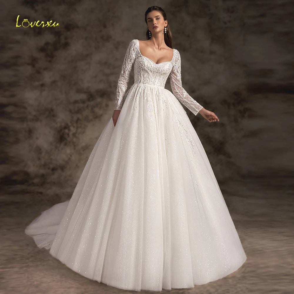 Loverxu A-Line Luxury Wedding Dresses Scalloped Long Sleeve Vestido De Novia Lace Beaded Shiny Mondern Custom Made Bridal Gown