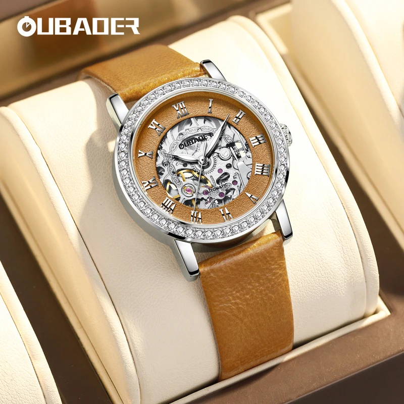 OUBAOER Ladies Mechanical Watch Automatic Skeleton Leather Strap Fashion Diamond Crystal Evening Banquet Dress Watches for Women