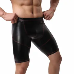 Men's Long Leg Boxers PU Leather Underwear Faux Leather Sexy Panties Hombre Mid-Waist Black 5-Point Pants Male Leather Trunks