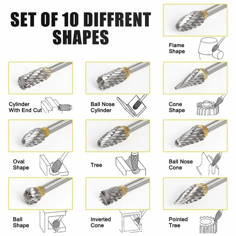 10-częściowy zestaw żaren z węglików spiekanych, pilnik obrotowy z twardego stopu wolframu, głowica frezarska z podwójnym cięciem, szlifowanie