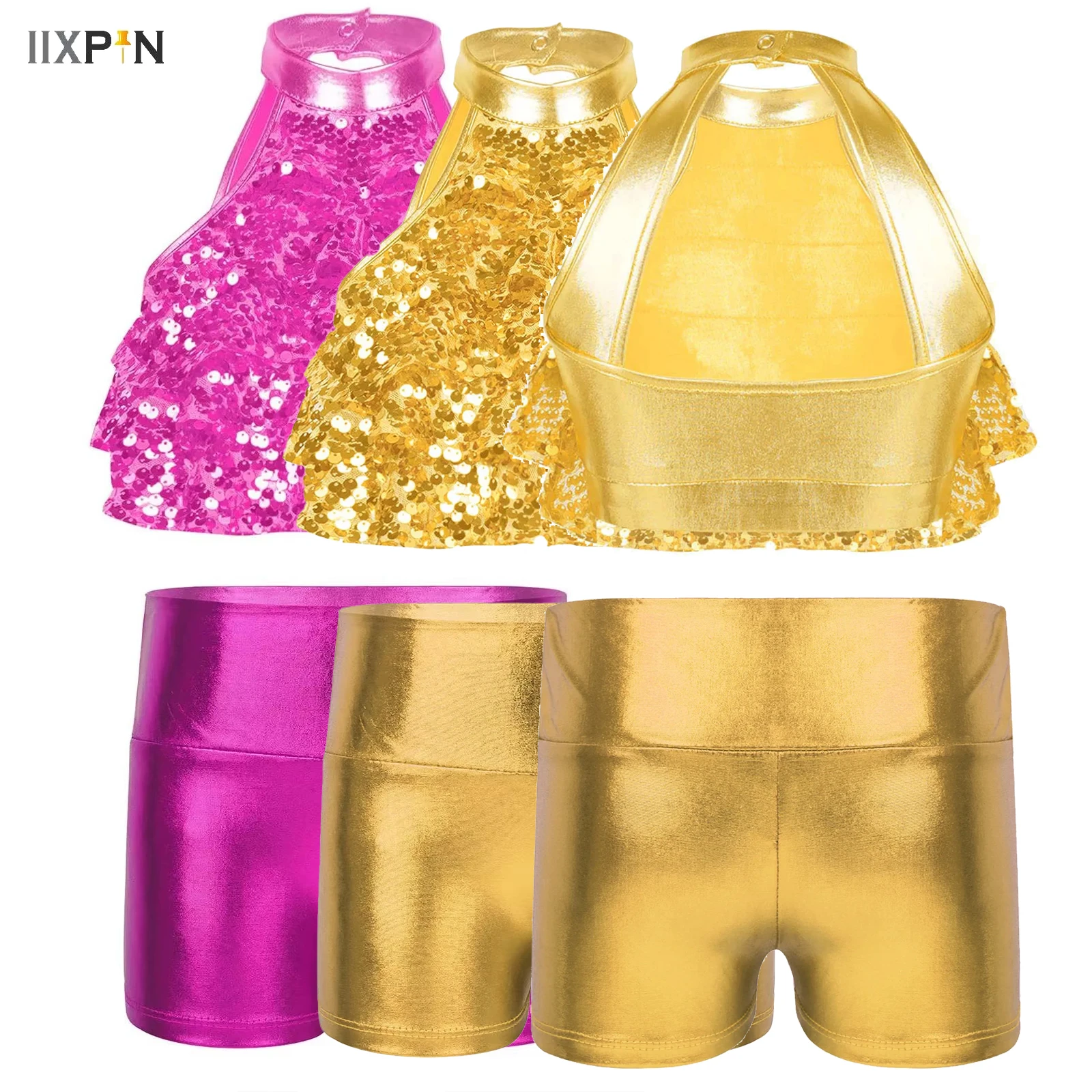 

Kids Girls Sequins Ballet Dance Sets Hip Hop Jazz Dance Competition Costume Crop Top with Shorts Stage Performance Dancewear