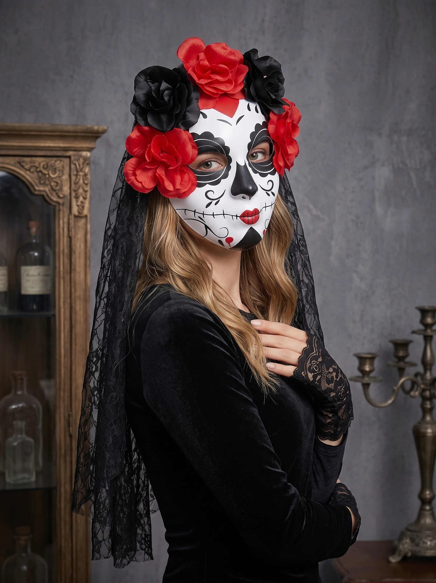 Halloween Day of The Dead Mask Veil Flower Lace Gloves Sugar Skull Cosplay Accessory Set view 4