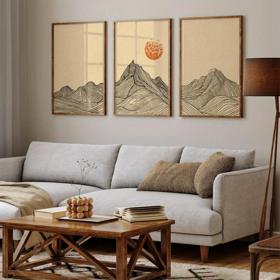 3 قطع من المناظر الطبيعية الجبلية الحديثة ثلاثية الإطار على الطراز الياباني مطبوعات فنية جدارية مع تصميم طبيعي تجريدي، مثالية لغرفة المعيشة