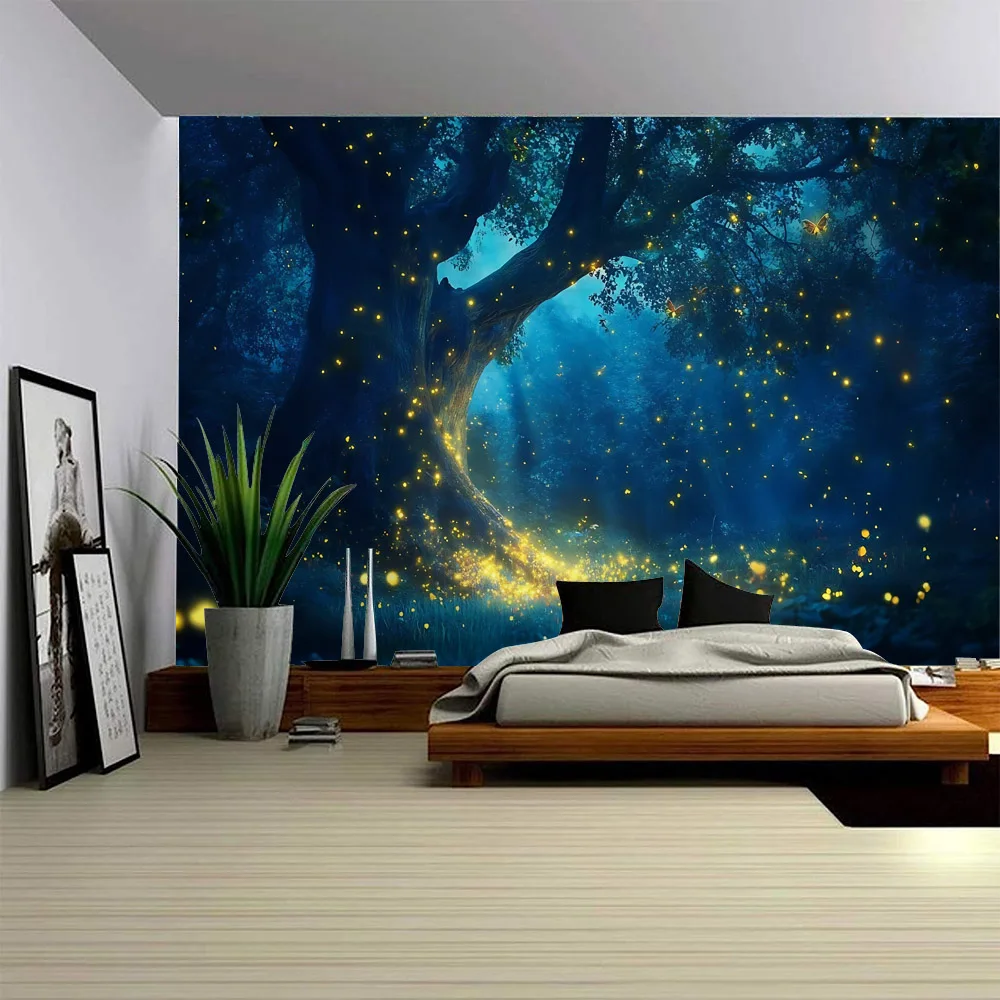 

Forest Firefly Tapestry Dreamy Landscape Polyester Wall Hanging Fabric Aesthetic Home Decoration Living Room Background Poster