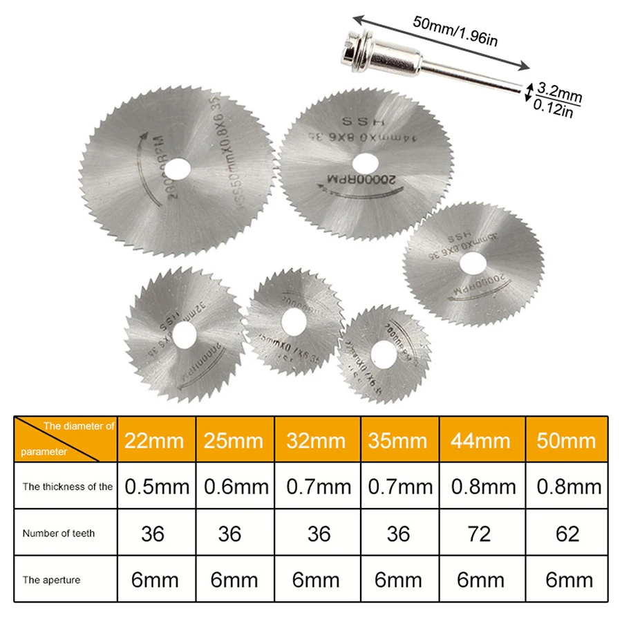 HSS Mini Lâmina de Serra Circular, Discos Cortadores, Rotativo, Madeira, Cortador de Metal, Kit de Ferramentas com Conexão, 1/8 Haste, 22mm, 25mm, 32mm, 35mm, 44mm, 50 milímetros