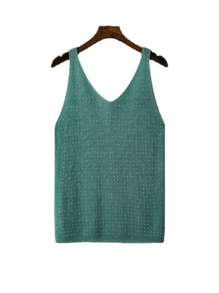 جديد الصيف محبوك بروتيل مع الماس الخامس الرقبة بلون سليم مثير سترة الموضة الملابس النسائية