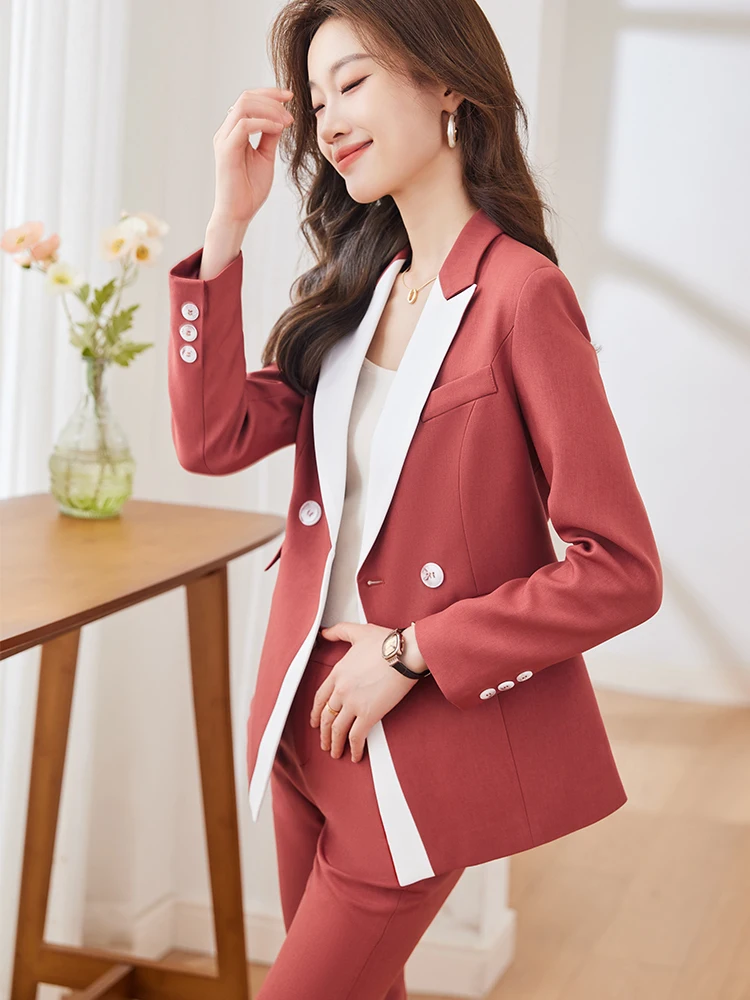 Mode Rood Geel Blauw Gestreept Dames Formeel Broek Pak Vrouwen Dames Zakelijk Werkkleding Jas En Broek Blazer 2 Delige Set